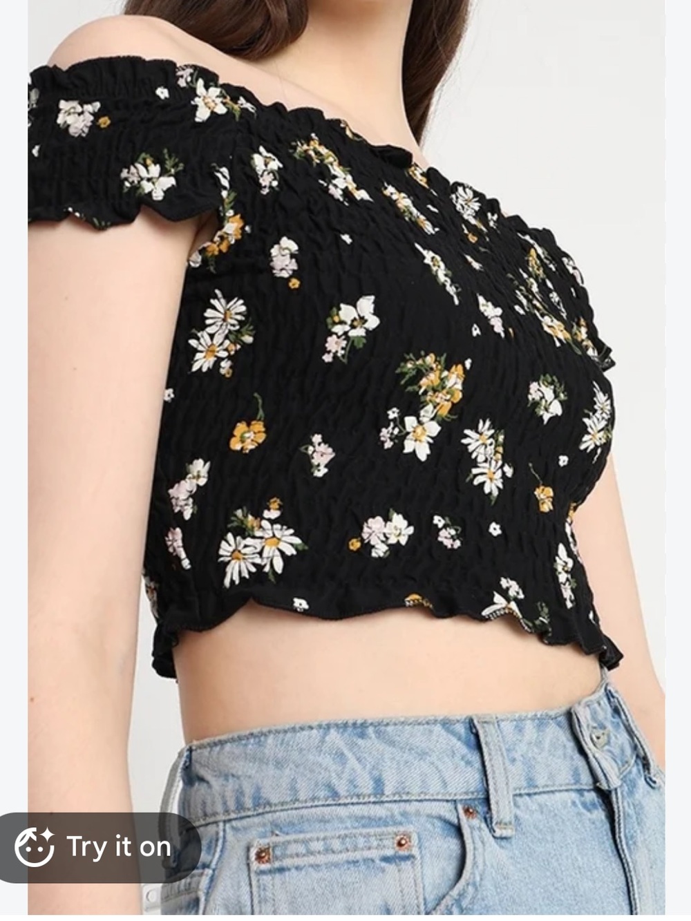 Miss Selfridge Black Floral Smocked Off-Shoulder Crop Top